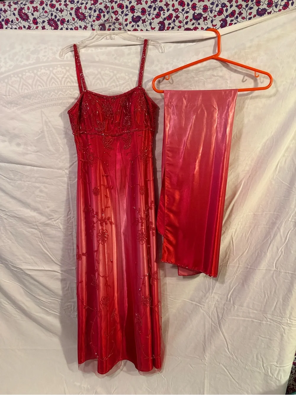 Vintage Cache Red Beaded Spaghetti-Strap Prom Dress with Matching Shawl - Picture 1 of 2